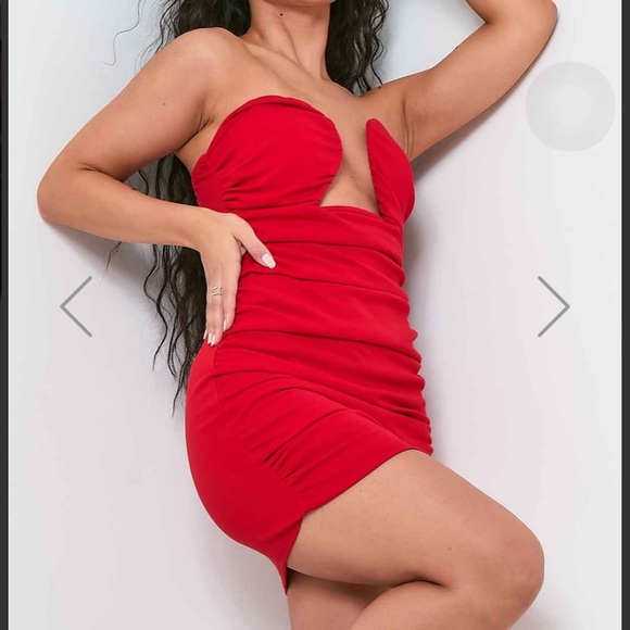 Vianna Red Bandeau Ruched Cup Detail Mini Dress - Picture 2 of 6